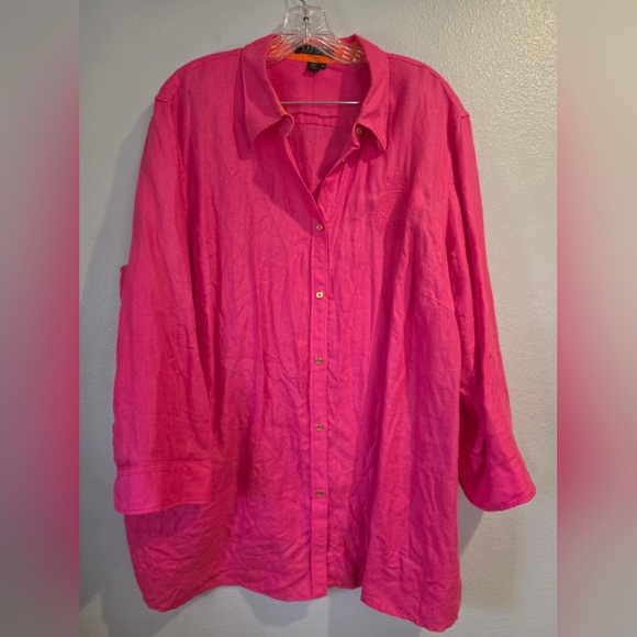 Tops - Lauren Ralph Lauren Womens Button Front Tunic Top Neon Pink  100% Linen 3X